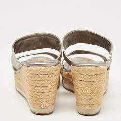 Prada Silver Leather Crystal Embellished Wedge Size 38.5