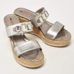 Prada Silver Leather Crystal Embellished Wedge Size 38.5