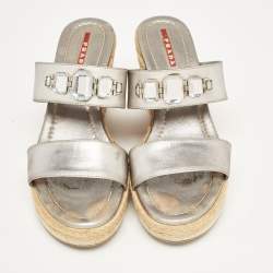 Prada Silver Leather Crystal Embellished Wedge Size 38.5