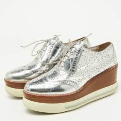 Miu Miu Metallic Silver Brogue Leather Platform Lace Up Oxfords Size 40