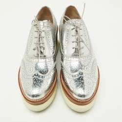 Miu Miu Metallic Silver Brogue Leather Platform Lace Up Oxfords Size 40