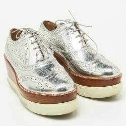 Miu Miu Metallic Silver Brogue Leather Platform Lace Up Oxfords Size 40