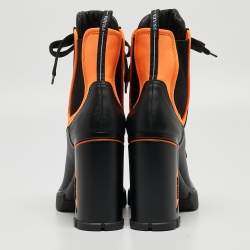 Prada Black/Neon Orange Leather and Neoprene Ankle Boots Size 39.5