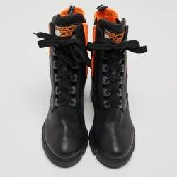 Prada Black/Neon Orange Leather and Neoprene Ankle Boots Size 39.5