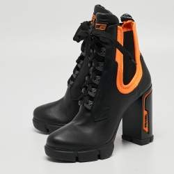 Prada Black/Neon Orange Leather and Neoprene Ankle Boots Size 39.5