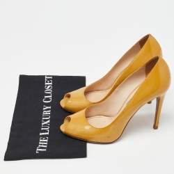 Prada Mustard Patent Leather Peep Toe Pumps Size 38.5