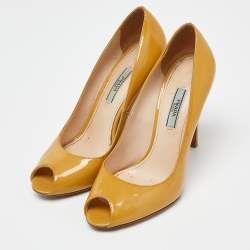 Prada Mustard Patent Leather Peep Toe Pumps Size 38.5