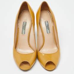 Prada Mustard Patent Leather Peep Toe Pumps Size 38.5