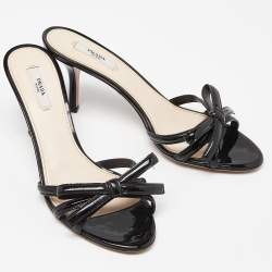 Prada Black Patent Leather Bow Slide Sandals Size 37.5