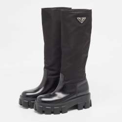 Prada Black Leather and  Nylon Monolith Boots Size 38