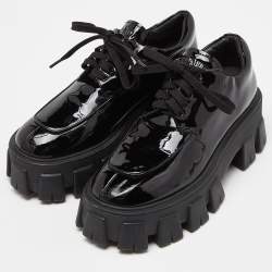 Pre Owned Prada Black Patent Leather Monolith Platform Derby Sneakers Size 36