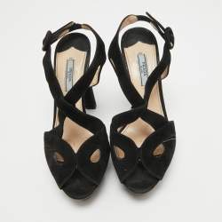 Pre Owned Prada Black Suede Platform Slingback Sandals Size 38