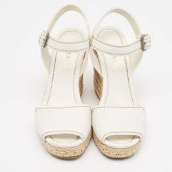 Prada White Leather Espadrille Platform Wedge Ankle Strap Sandals Size 40