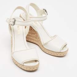 Prada White Leather Espadrille Platform Wedge Ankle Strap Sandals Size 40