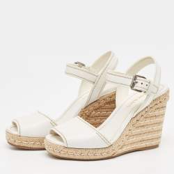 Prada White Leather Espadrille Platform Wedge Ankle Strap Sandals Size 40