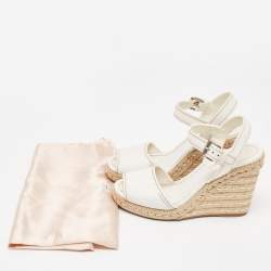 Prada White Leather Espadrille Platform Wedge Ankle Strap Sandals Size 40
