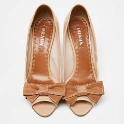 Prada Beige Patent Leather Bow Detail Block Heel Pumps Size 40