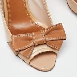Prada Beige Patent Leather Bow Detail Block Heel Pumps Size 40