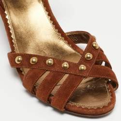 Prada Brown Suede Studded Wedge Ankle Strap Sandals Size 40.5