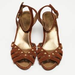 Prada Brown Suede Studded Wedge Ankle Strap Sandals Size 40.5