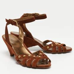 Prada Brown Suede Studded Wedge Ankle Strap Sandals Size 40.5