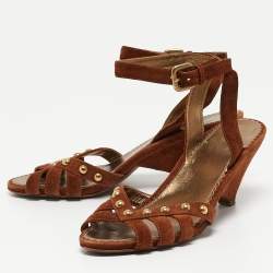 Prada Brown Suede Studded Wedge Ankle Strap Sandals Size 40.5