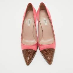 Prada Pink/Brown Satin and Croc Leather Cap Toe Pointed Toe Pumps Size 36.5