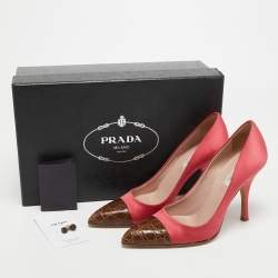 Prada Pink/Brown Satin and Croc Leather Cap Toe Pointed Toe Pumps Size 36.5