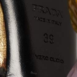 Prada Gold/Black Leather and Suede Floral Heel Ankle Strap Sandals Size 39
