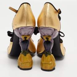 Prada Gold/Black Leather and Suede Floral Heel Ankle Strap Sandals Size 39