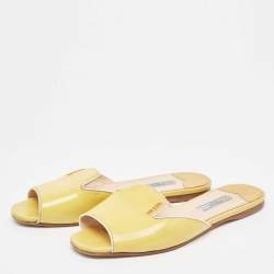 Prada Yellow Saffiano Vernice Leather Flat Slides Size 36