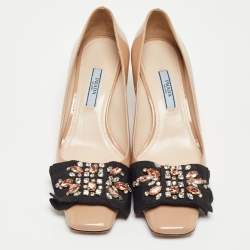 Pre Owned Prada Beige Patent Leather Crystal Embellished Bow Pumps Size 36