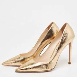 Pre Owned Prada Gold Python Embossed Leather Pointed Toe Pumps Size 37.5