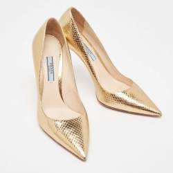 Pre Owned Prada Gold Python Embossed Leather Pointed Toe Pumps Size 37.5