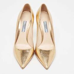 Pre Owned Prada Gold Python Embossed Leather Pointed Toe Pumps Size 37.5