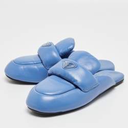 Prada Blue Leather Pantofole Padded Flat Mules Size 39