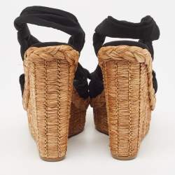 Prada Black Fabric Knotted Bow Raffia Wedge Platform Sandals Size 36