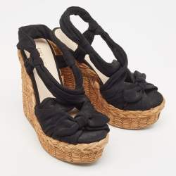 Prada Black Fabric Knotted Bow Raffia Wedge Platform Sandals Size 36