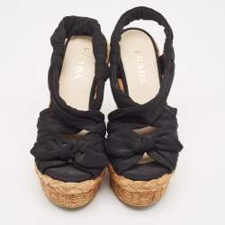 Prada Black Fabric Knotted Bow Raffia Wedge Platform Sandals Size 36
