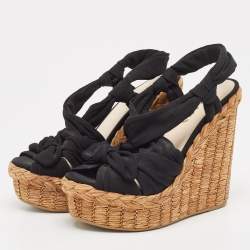 Prada Black Fabric Knotted Bow Raffia Wedge Platform Sandals Size 36