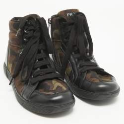 Prada Tricolor Leather and Camo Print Nylon High Top Sneakers Size 35