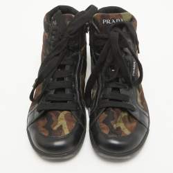 Prada Tricolor Leather and Camo Print Nylon High Top Sneakers Size 35
