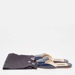 Pre Owned Gucci Navy Blue Vernice Saffiano Leather Flat Slides Size 36