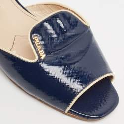 Pre Owned Gucci Navy Blue Vernice Saffiano Leather Flat Slides Size 36