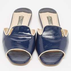Pre Owned Gucci Navy Blue Vernice Saffiano Leather Flat Slides Size 36