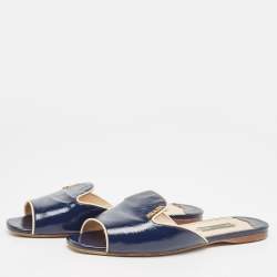 Pre Owned Gucci Navy Blue Vernice Saffiano Leather Flat Slides Size 36