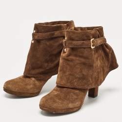 Pre Owned Prada Brown Suede Buckle Ankle Boots Size 39.5