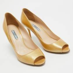 Prada Gold Patent Leather Peep Toe Pumps Size 40.5