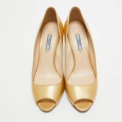 Prada Gold Patent Leather Peep Toe Pumps Size 40.5