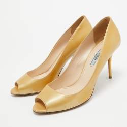 Prada Gold Patent Leather Peep Toe Pumps Size 40.5
